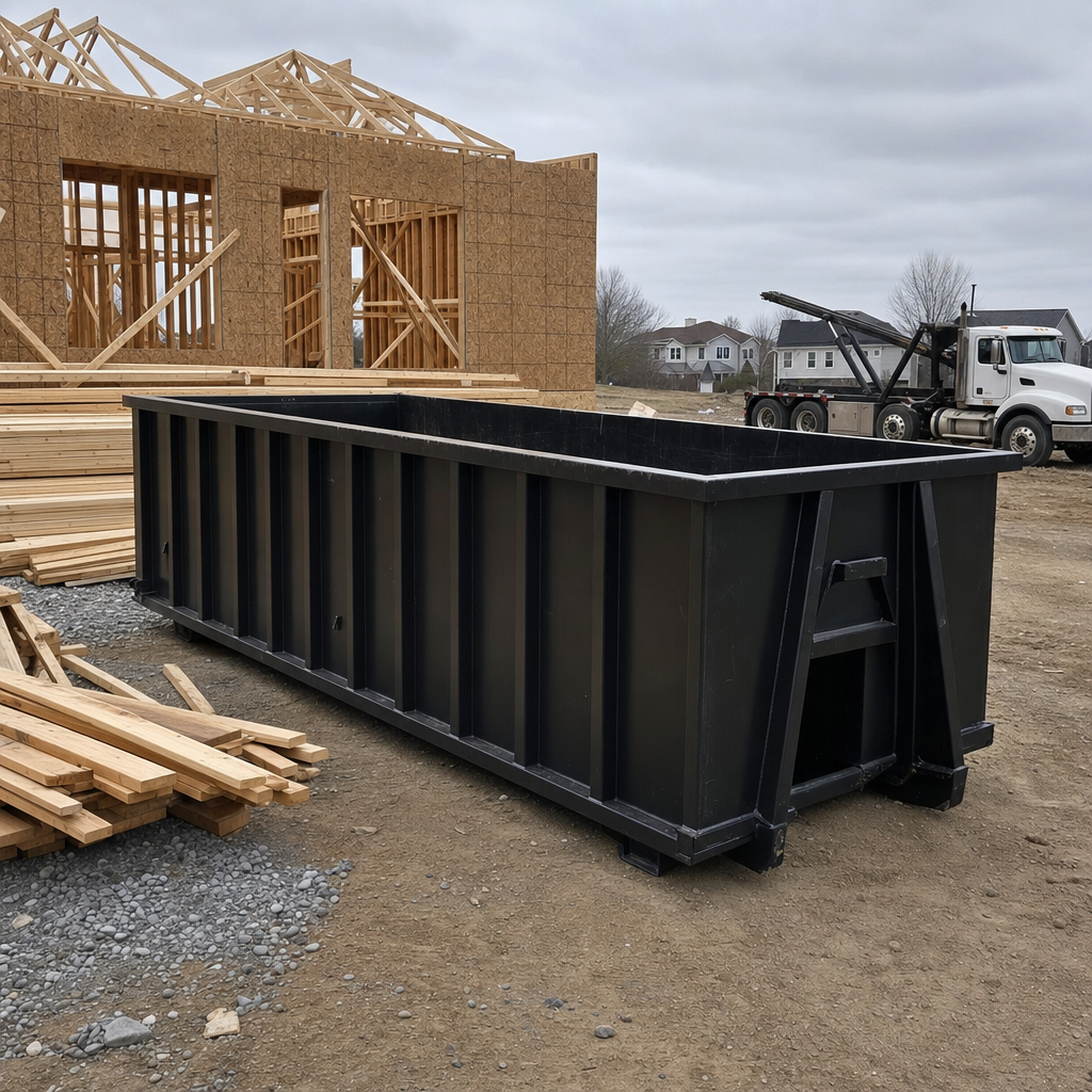 Matte-black 40-yard roll-off dumpster staged on a framed-out residential construction site in Troy, framing lumber stacked nearby, hooklift delivery truck visible in the background under bright Colorado daylight
