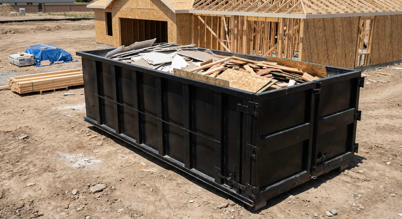 Matte-black 30-yard roll-off construction dumpster sitting directly on the compacted-dirt site of a framed single-family home build in Troy, drywall and lumber scrap loaded inside.