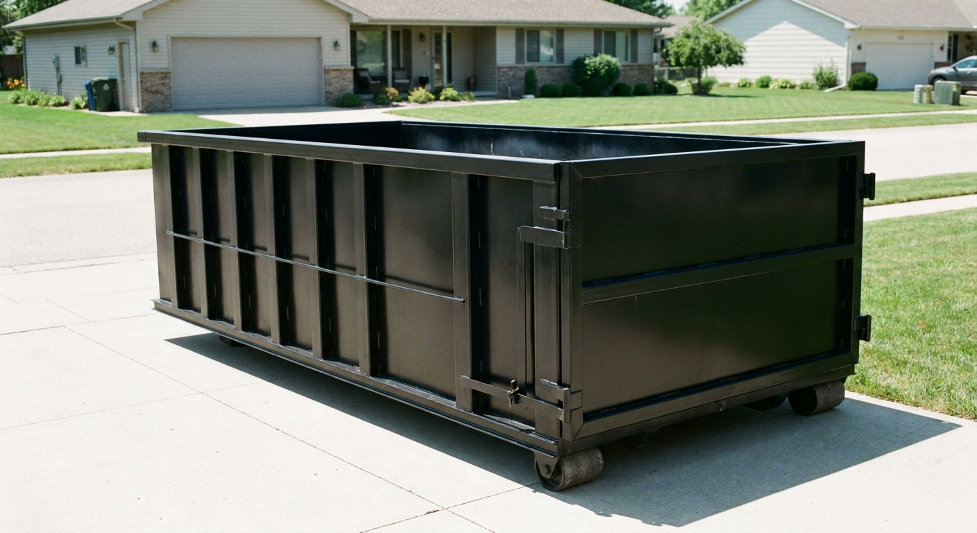 Matte-black 10-yard roll-off dumpster on a residential concrete driveway in Troy, uniformly painted matte black across every panel and rail, ribbed steel sidewalls and rear swing door visible, mid-day daylight.