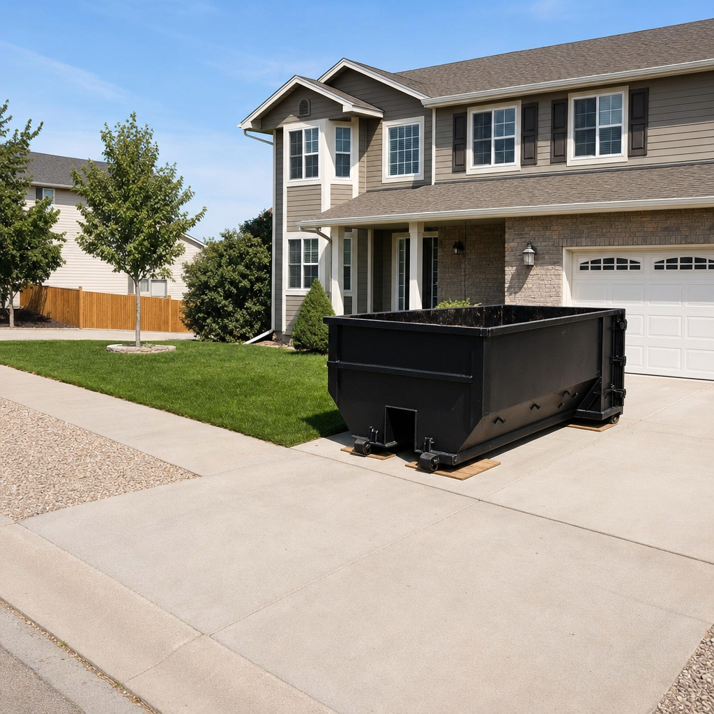 10-yard matte-black residential dumpster placed directly on a narrow Troy concrete driveway, room remains for a parked sedan beside it, mid-morning natural light