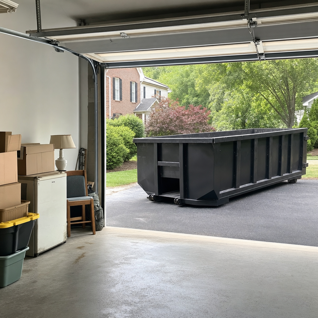 Open garage interior in a Troy home mid-cleanout — boxed items, an old appliance, and stacked yard tools queued near the driveway for a matte-black roll-off dumpster, organized and calm