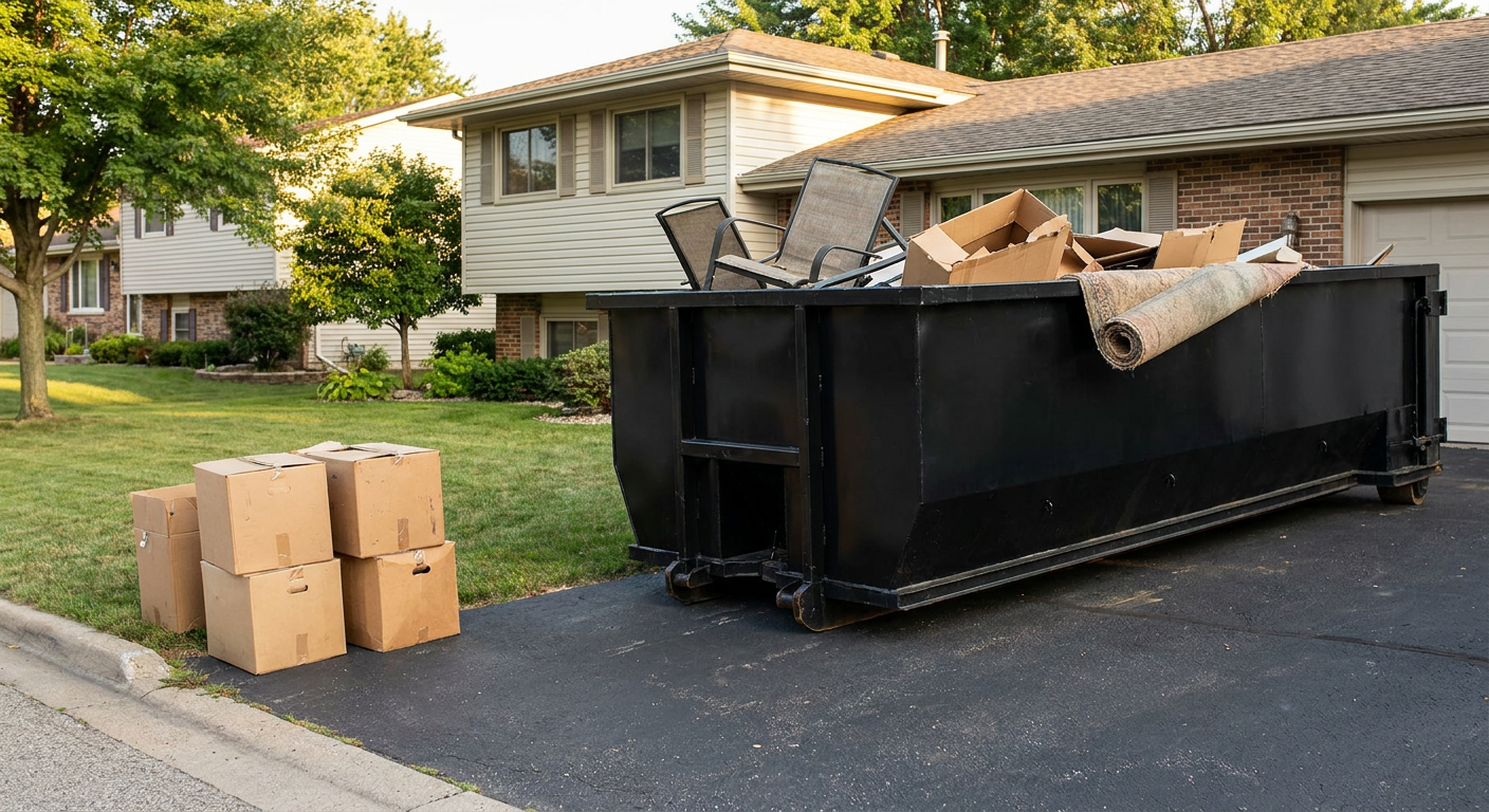 Front-yard view of a Troy split-level home with a 20-yard matte-black roll-off dumpster sitting directly on the asphalt driveway, a few clearly labeled donation boxes staged at the curb, calm sunny afternoon.