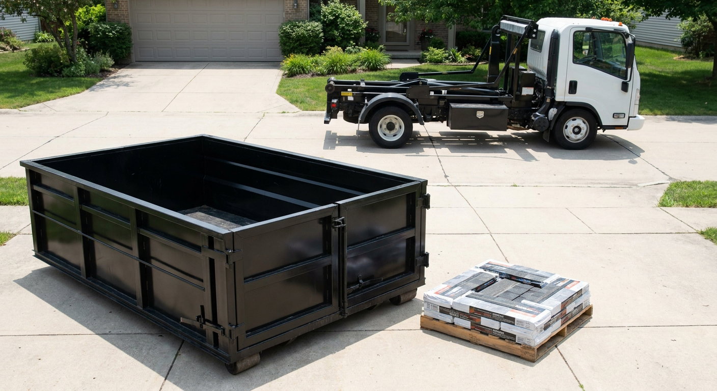 Matte-black 15-yard roofing roll-off dumpster with reinforced low side walls sitting directly on a Troy residential concrete driveway, three-tab asphalt shingle bundles stacked nearby, an unmarked white hauler truck partially visible at the edge of the frame.