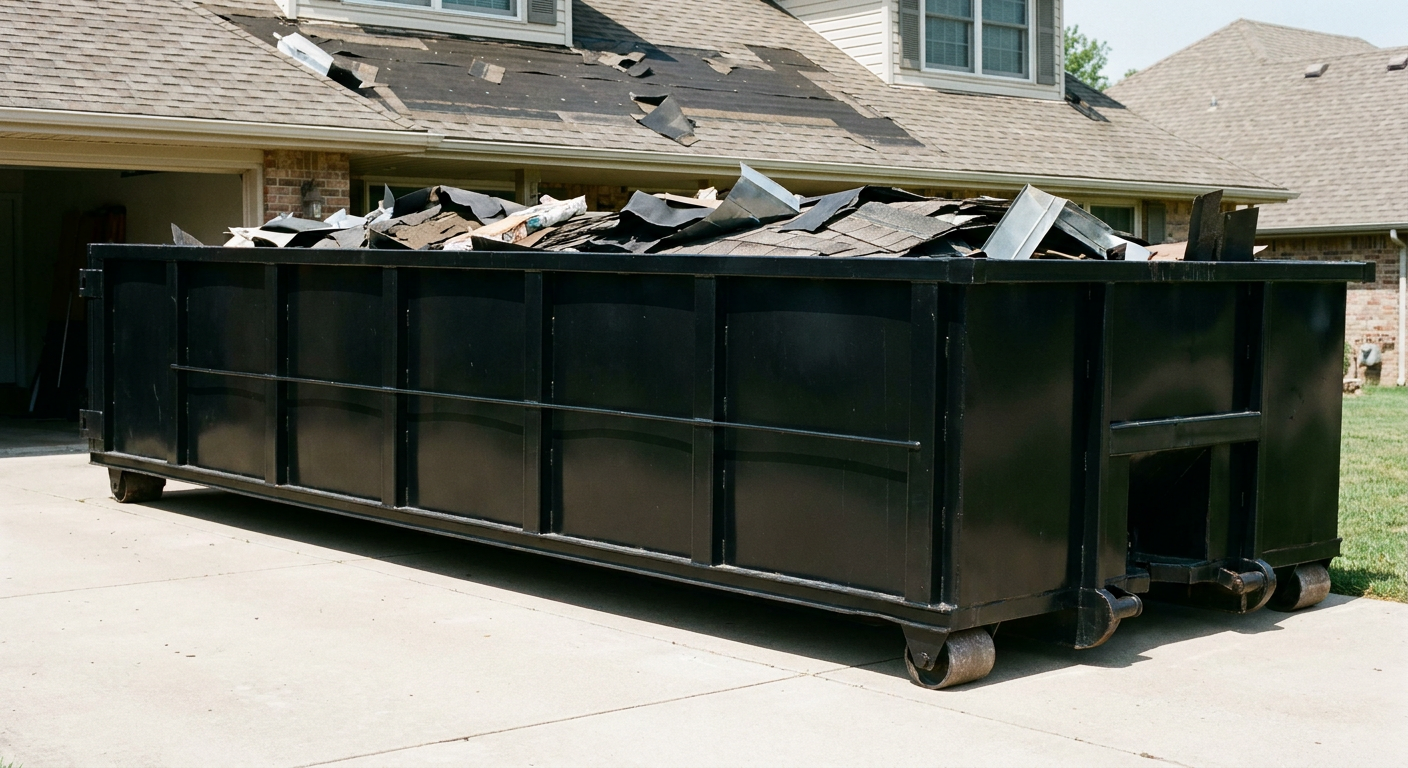 Matte-black 20-yard roofing roll-off dumpster with steel ribbed sides and swinging rear door, sitting directly on the concrete driveway of a two-story Troy home, asphalt shingle debris being loaded over the low wall, clean documentary lighting.