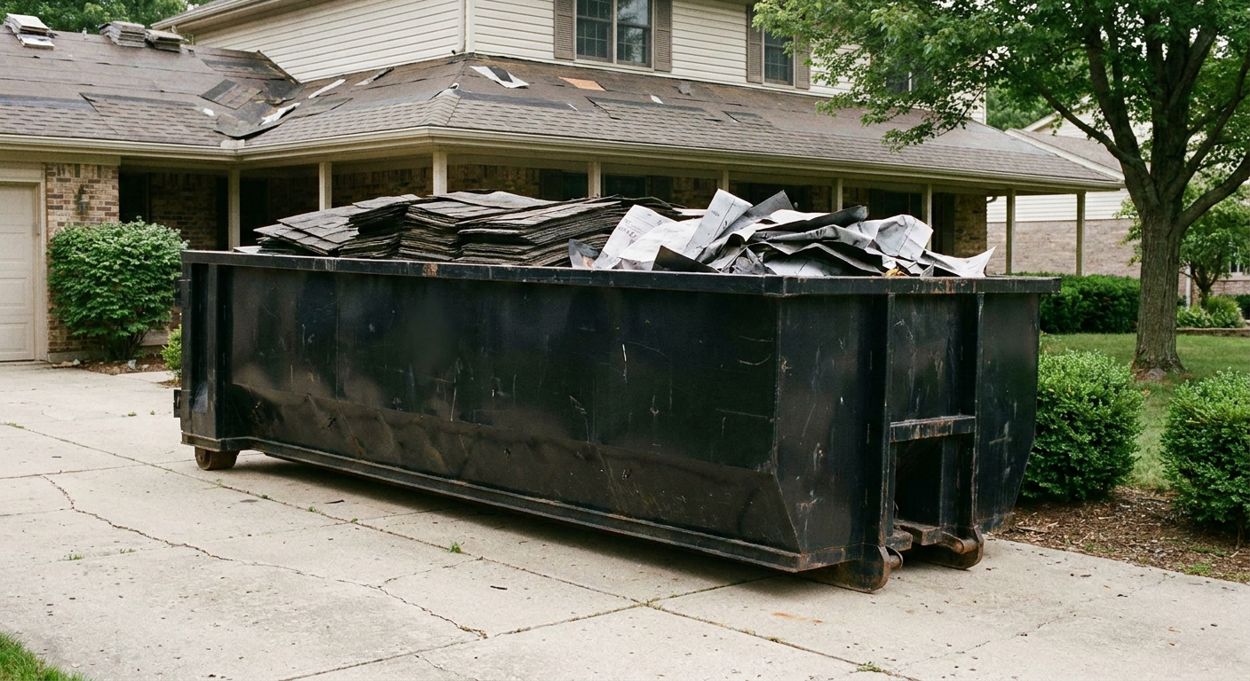 Matte-black 30-yard roofing roll-off dumpster sitting directly on a Troy concrete driveway, taller ribbed steel side panels, mixed tear-off debris of asphalt shingles and underlayment inside, professional documentary daylight.