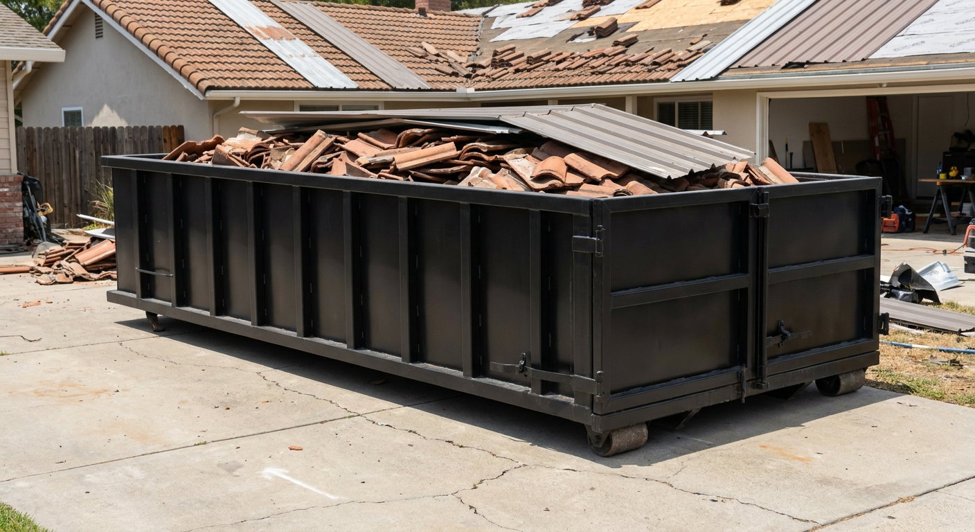 Matte-black low-wall heavy-debris roofing roll-off dumpster sitting directly on a Troy concrete driveway, broken concrete clay roof tiles and metal panel sections loaded inside, reinforced ribbed steel side walls visible, bright outdoor daylight.