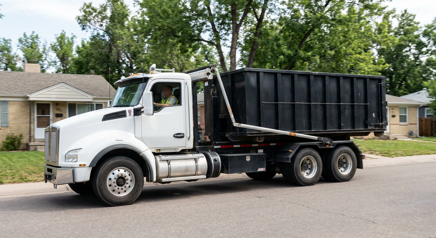 A wide documentary shot of a matte-black roll-off delivery truck pulling onto a quiet Troy residential street at mid-morning, with neighborhood rooftops and tree-lined blocks visible behind, showing the metro coverage footprint.