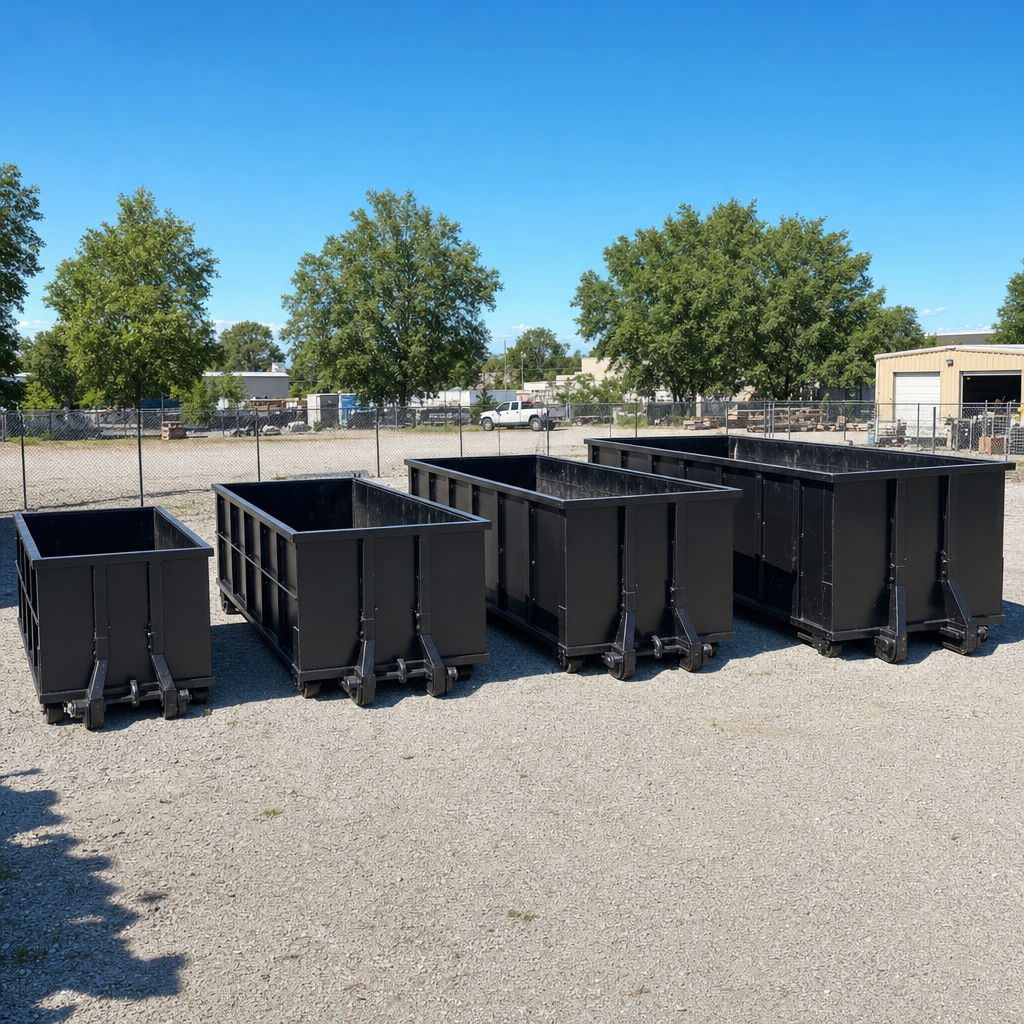 A clean lineup of matte-black roll-off dumpsters in 10, 20, 30, and 40-yard sizes staged on a sunlit gravel yard in Troy, showing the size progression from compact to commercial-scale containers.